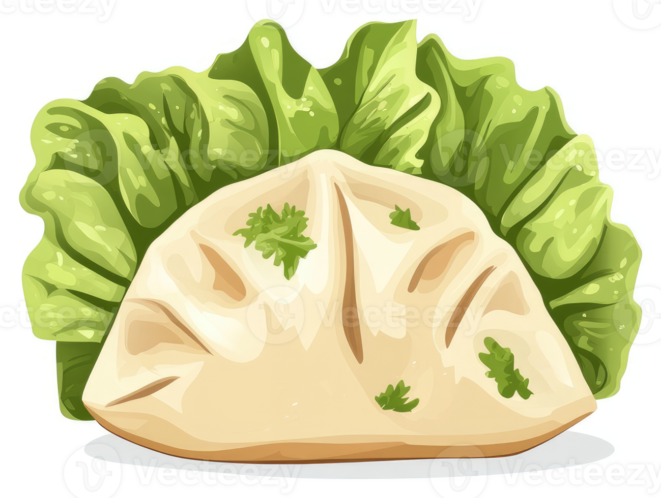 A delicious dumpling topped with fresh lettuce and herbs. png