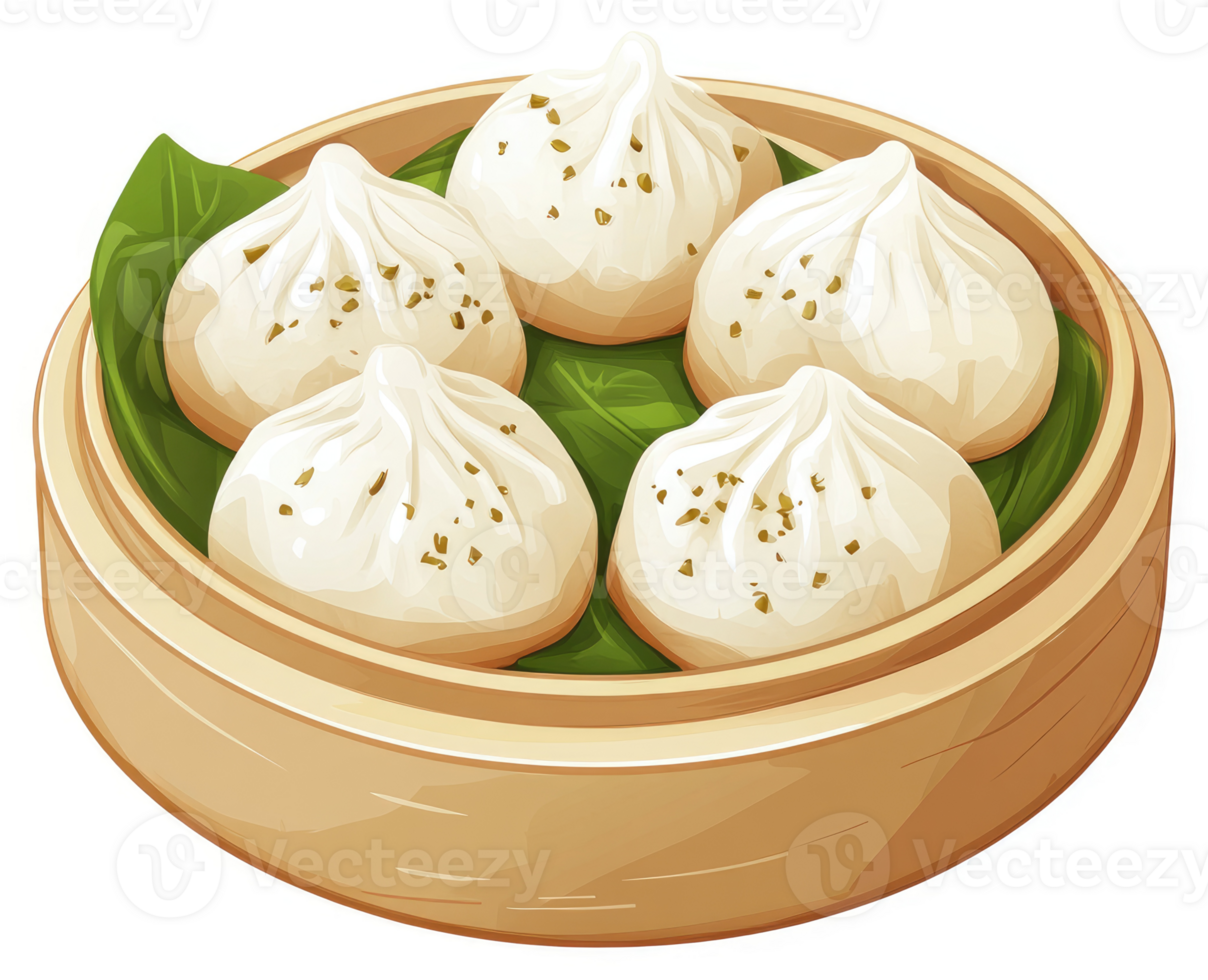 Steamed dumplings arranged in a bamboo steamer basket. png