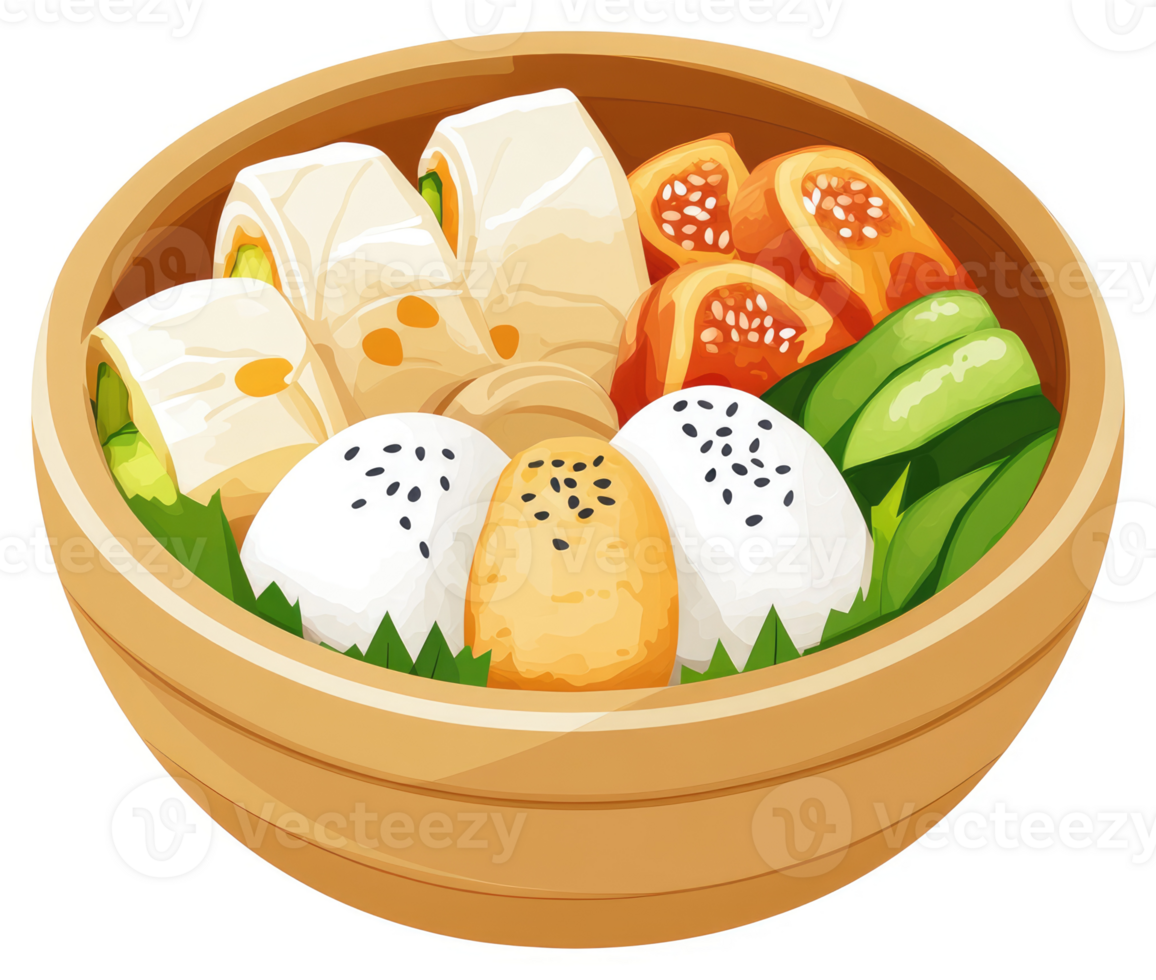 A colorful assortment of asian cuisine in a bamboo steamer basket. png