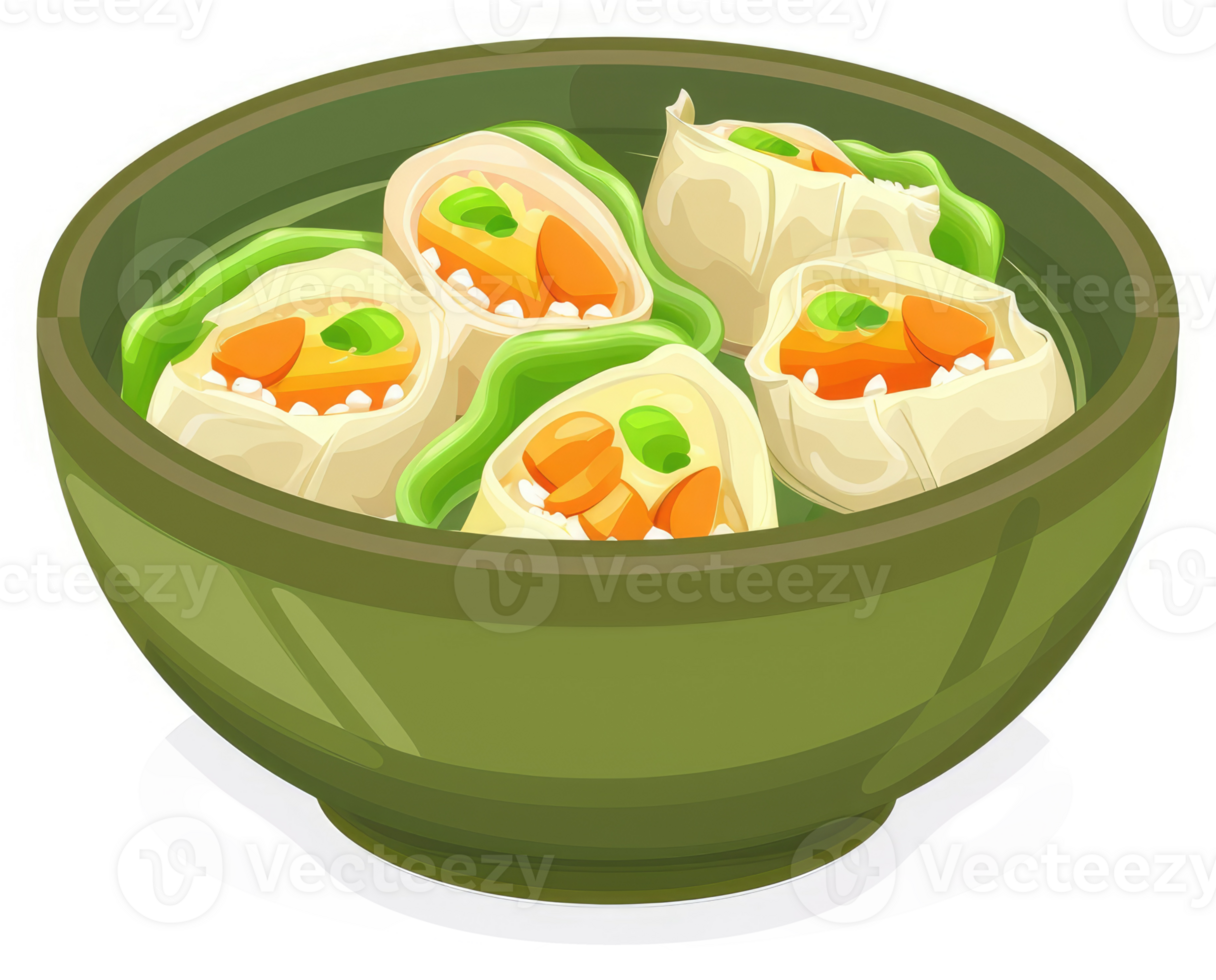 A bowl of colorful vegetable rice rolls. png