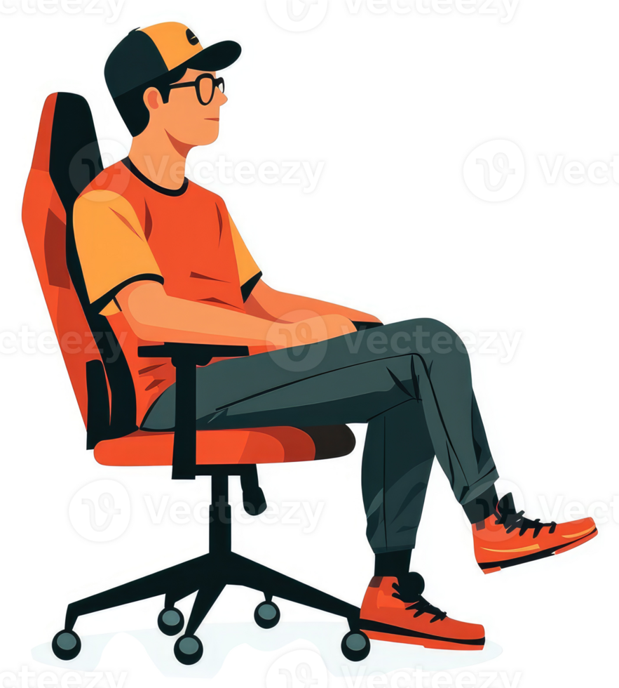 A young person seated in a comfortable ergonomic office chair. png