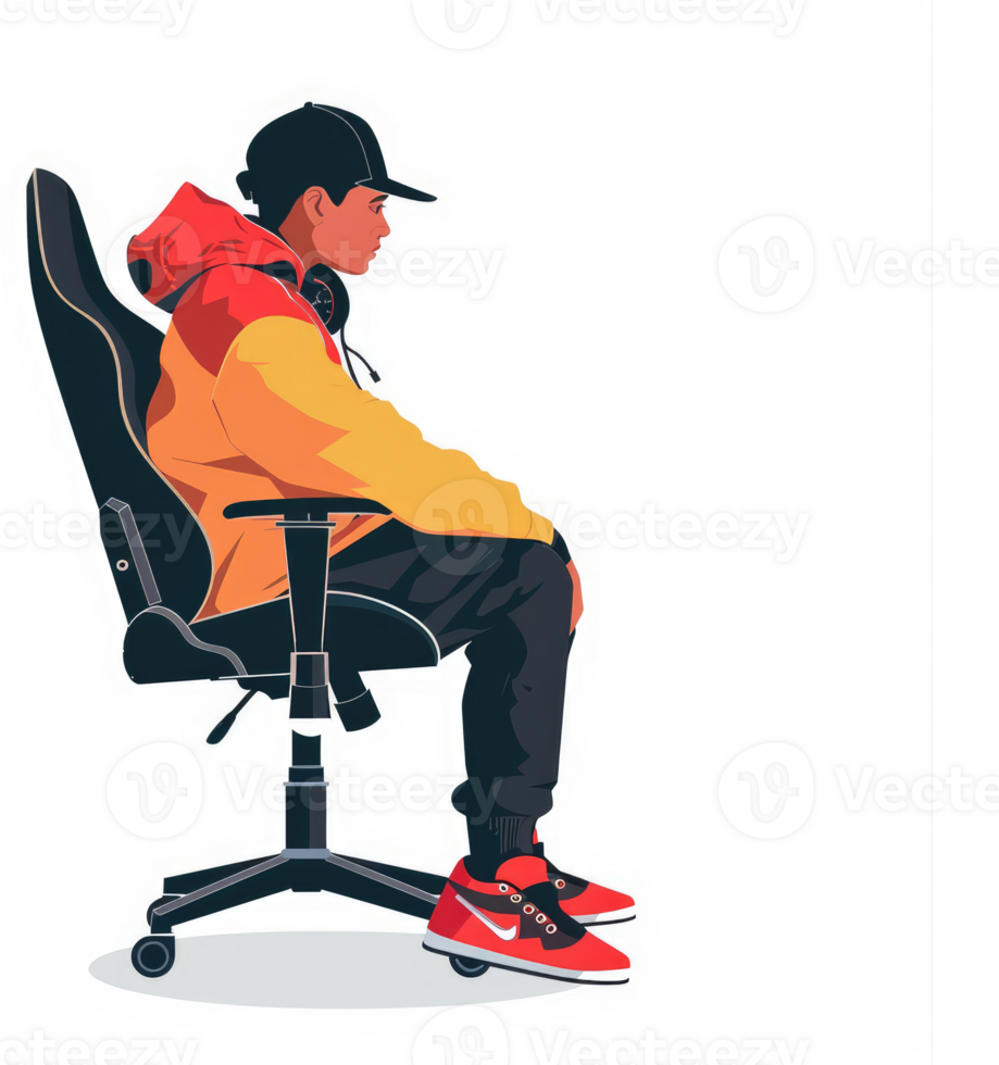 A person seated in a modern gaming chair, profile view. png