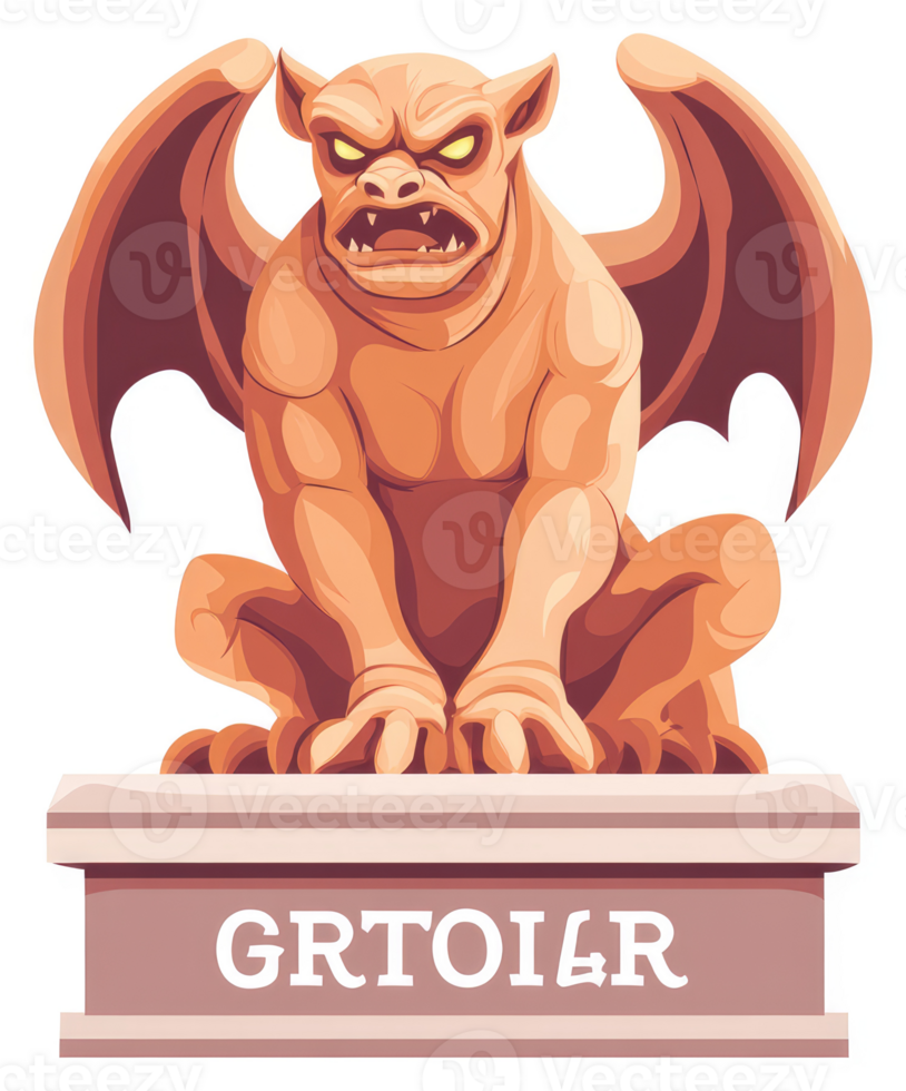 A fierce gargoyle statue atop a pedestal, displaying gothic architecture. png