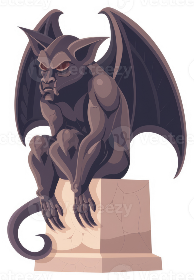 A brooding gargoyle perched atop a weathered stone pedestal. png