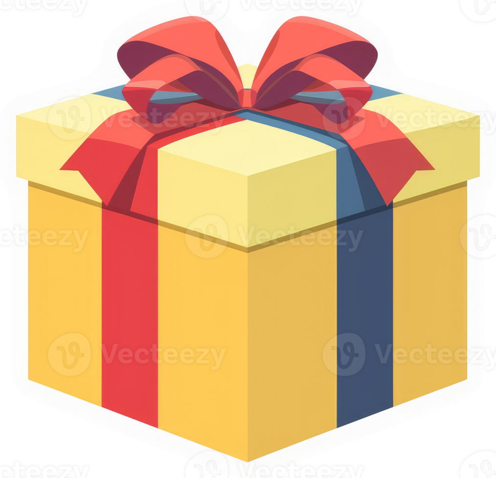 A cheerful, illustrated gift box with a red and blue ribbon. png