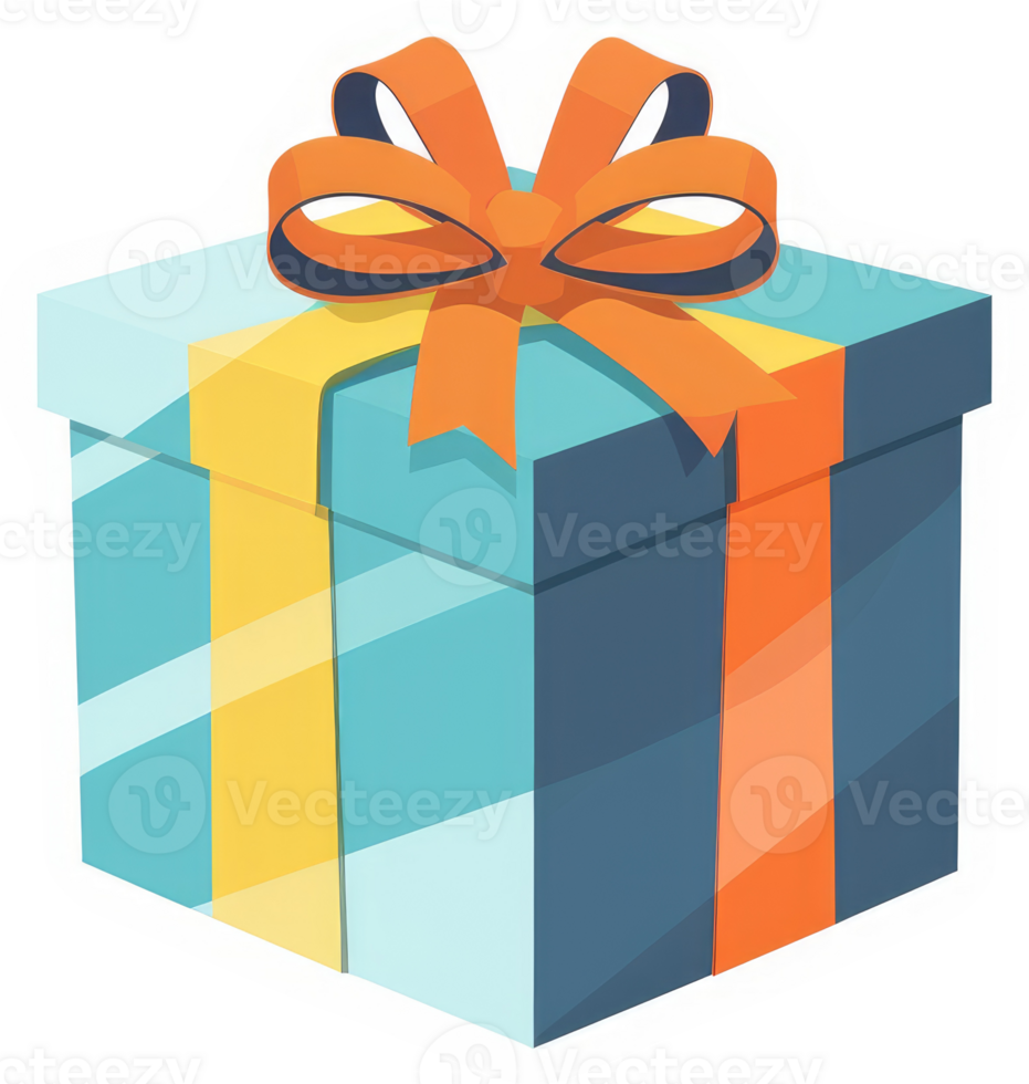 A teal and navy gift box with an orange ribbon bow. png