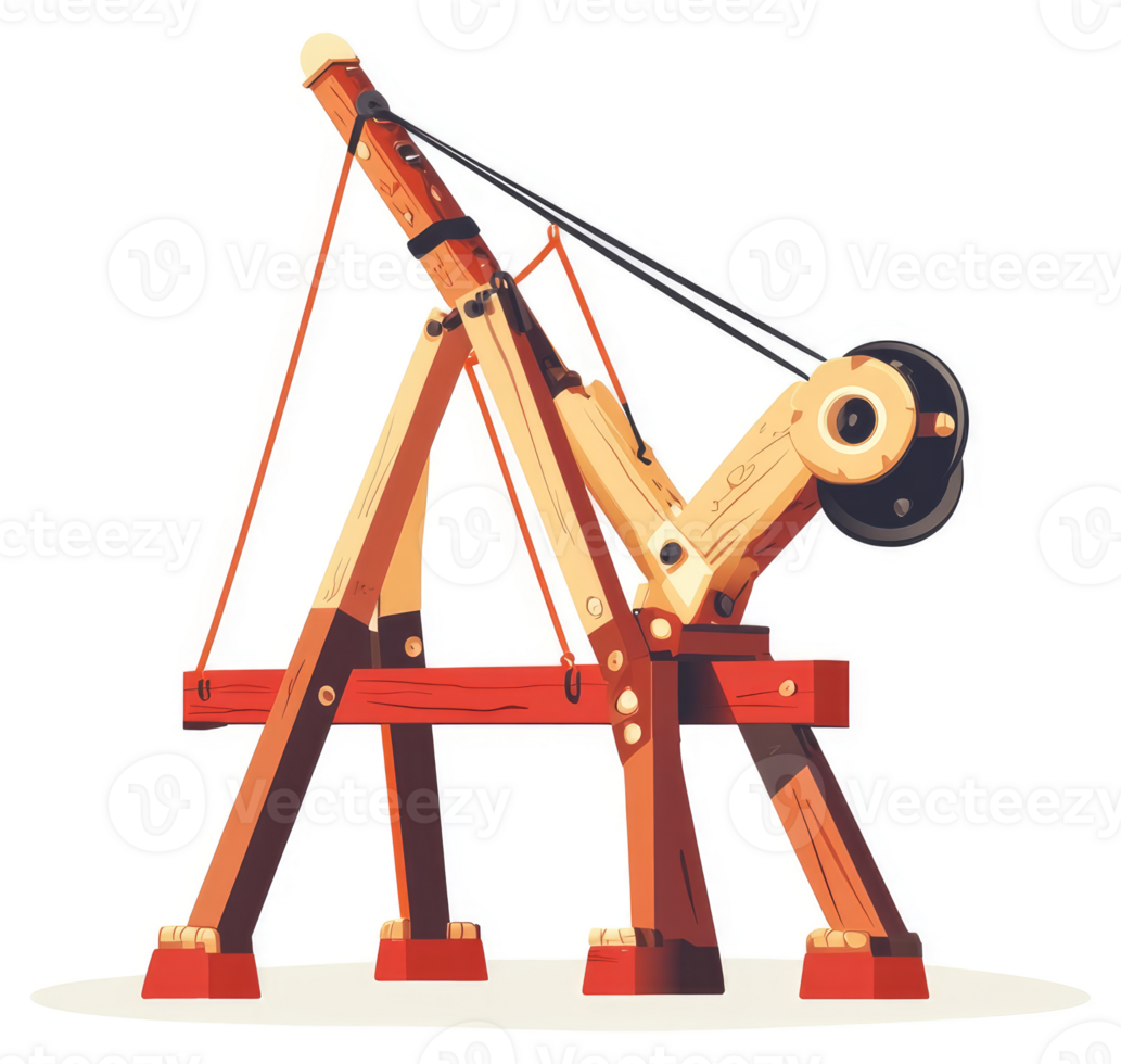 A detailed illustration of a medieval wooden siege crane. png