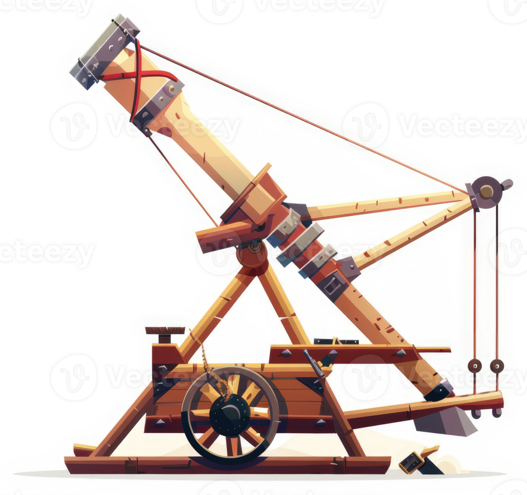 A detailed illustration of a medieval trebuchet. png
