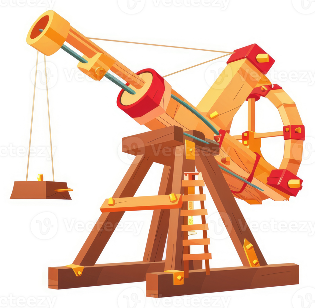A detailed illustration of a medieval trebuchet, a type of siege engine. png
