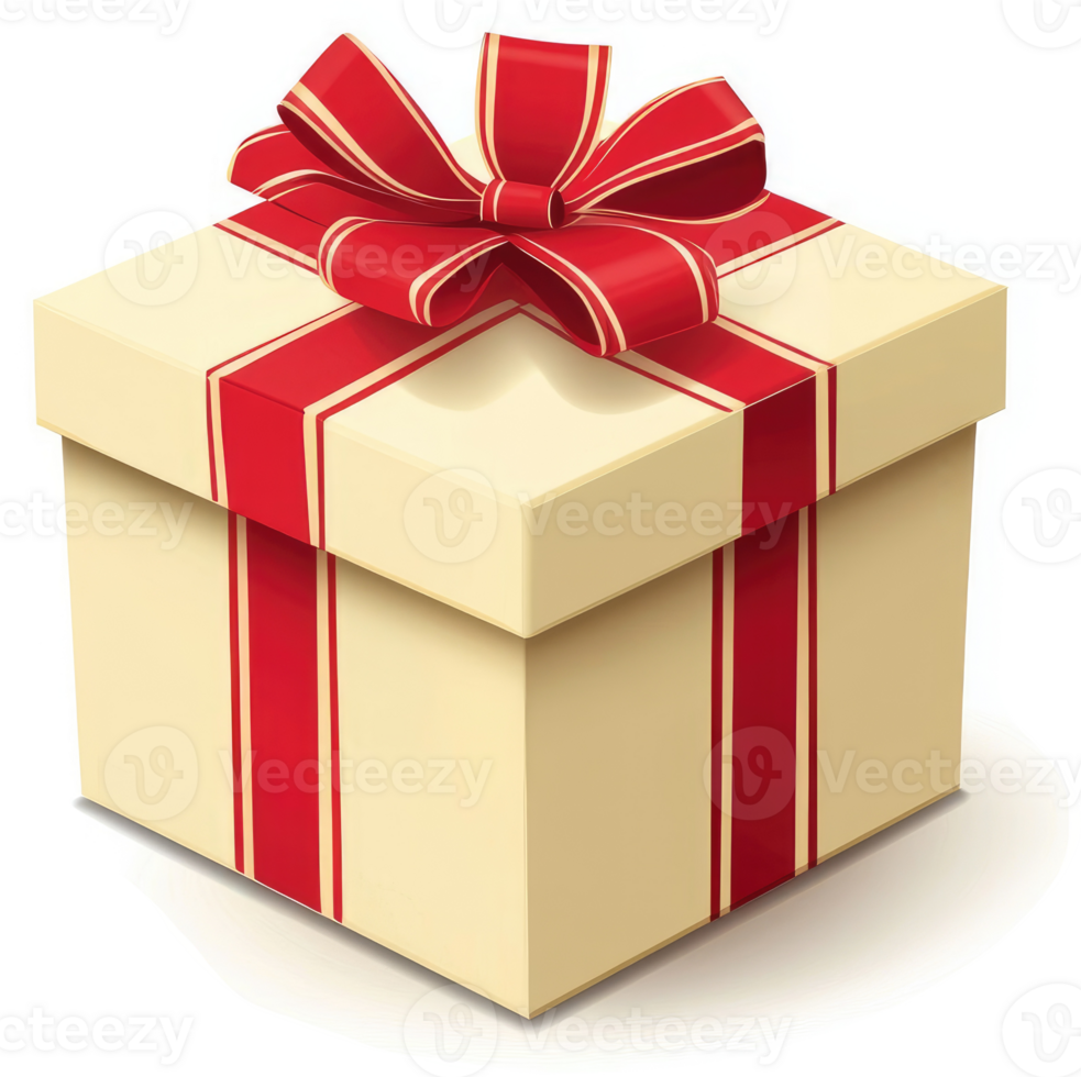 A light beige gift box, adorned with a vibrant red ribbon and bow. png