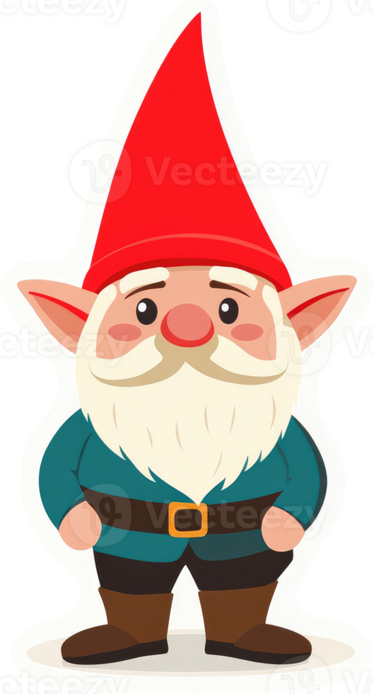 A friendly cartoon gnome wearing a red hat and teal jacket. png