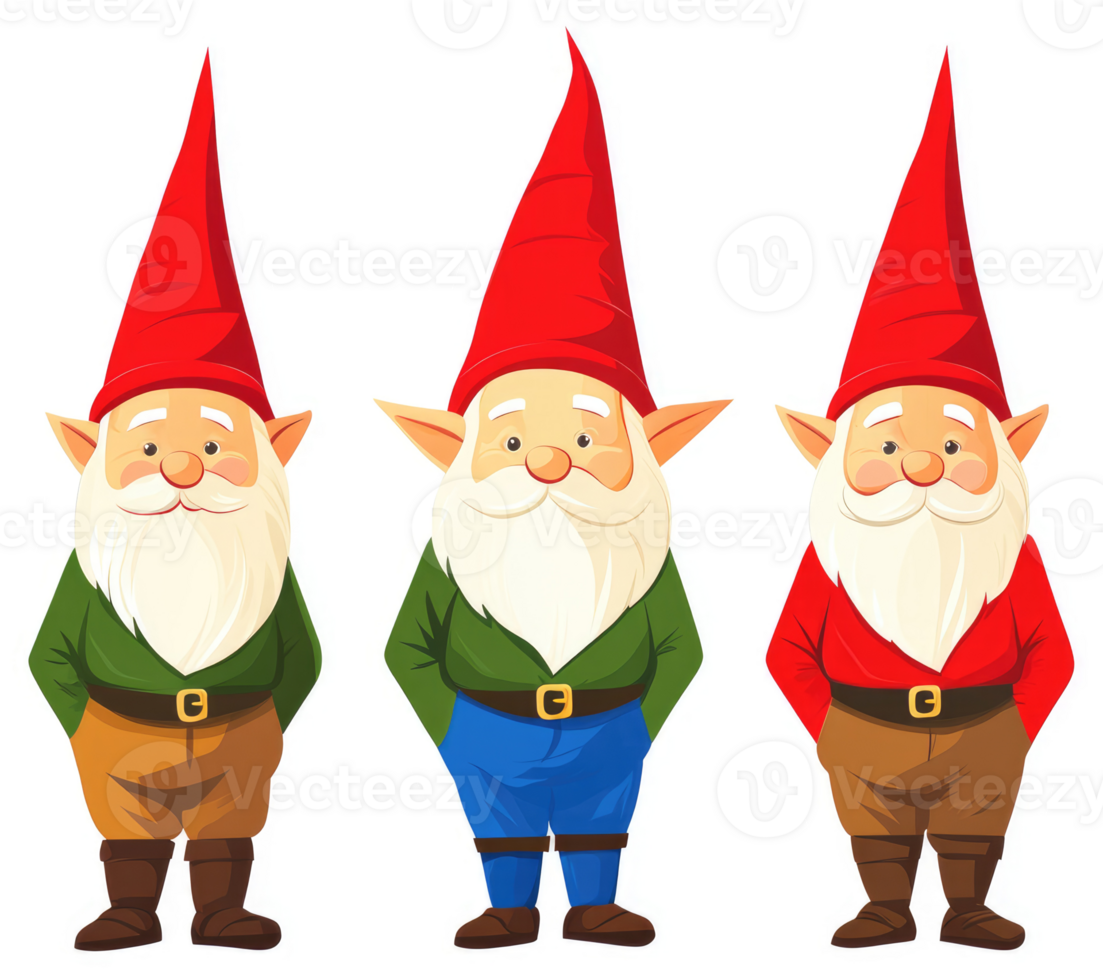 Three cheerful gnomes in different outfits. png