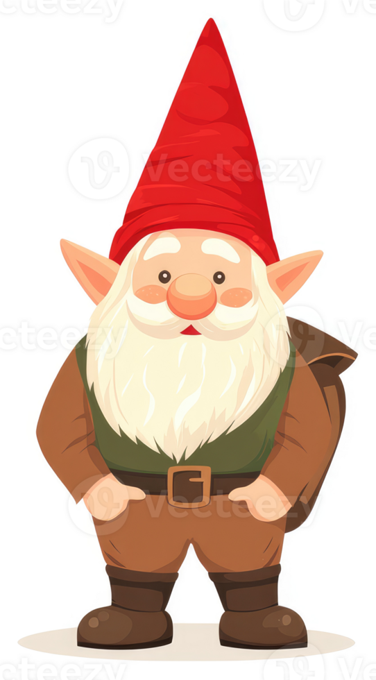 A cheerful gnome with a conical red hat and a sack. png
