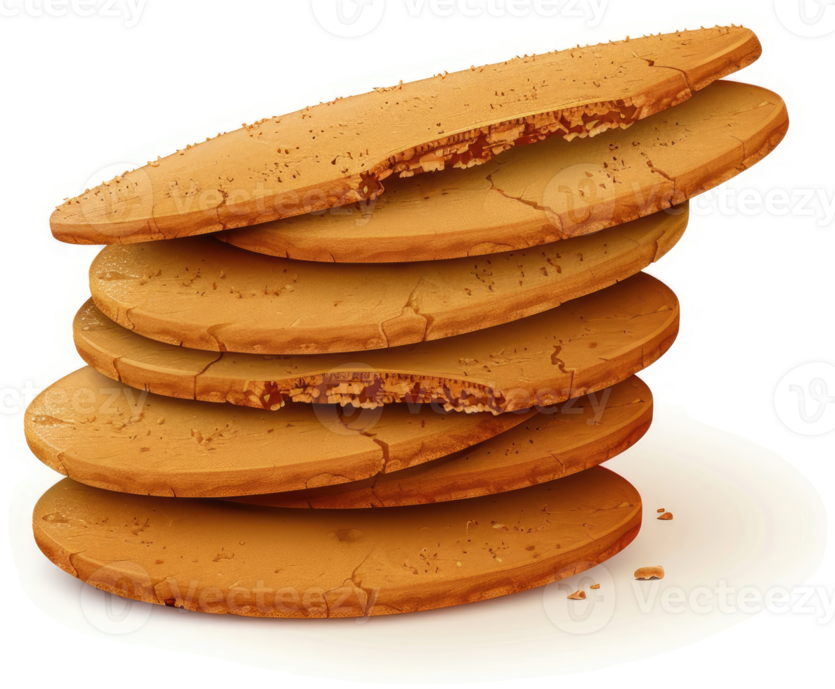 A stack of crunchy, cracked, round biscuits. png