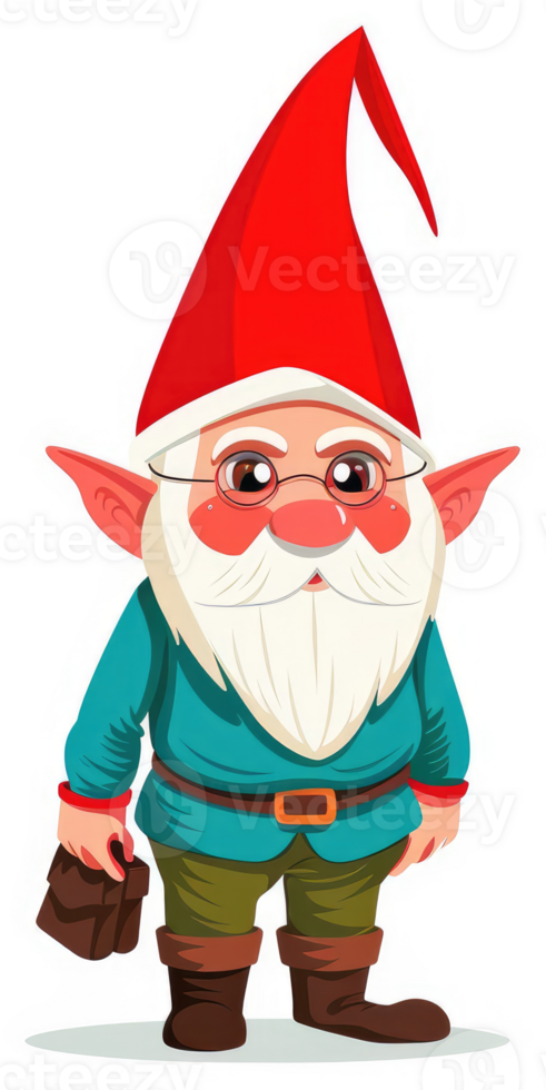 A cartoon gnome with a red hat, glasses, and a satchel. png