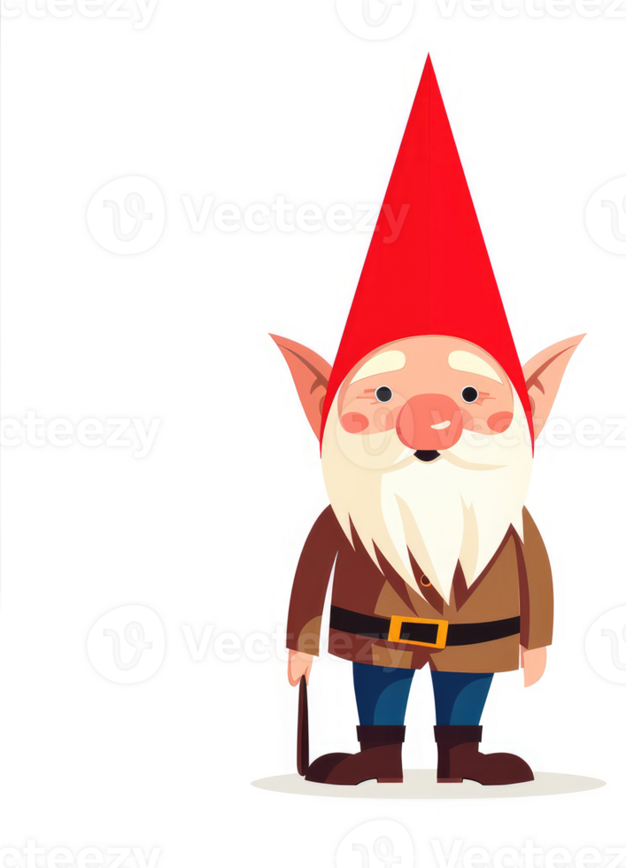 A cartoon gnome with a red conical hat and a brown coat. png