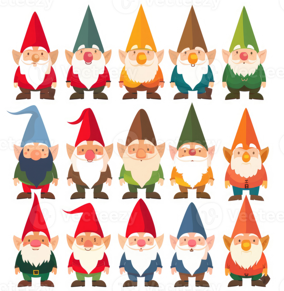 Collection of twelve colorful cartoon gnomes in various hats and attire. png