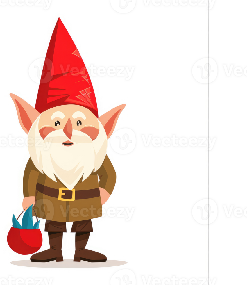 A cheerful gnome character with a red cap and a brown coat. png