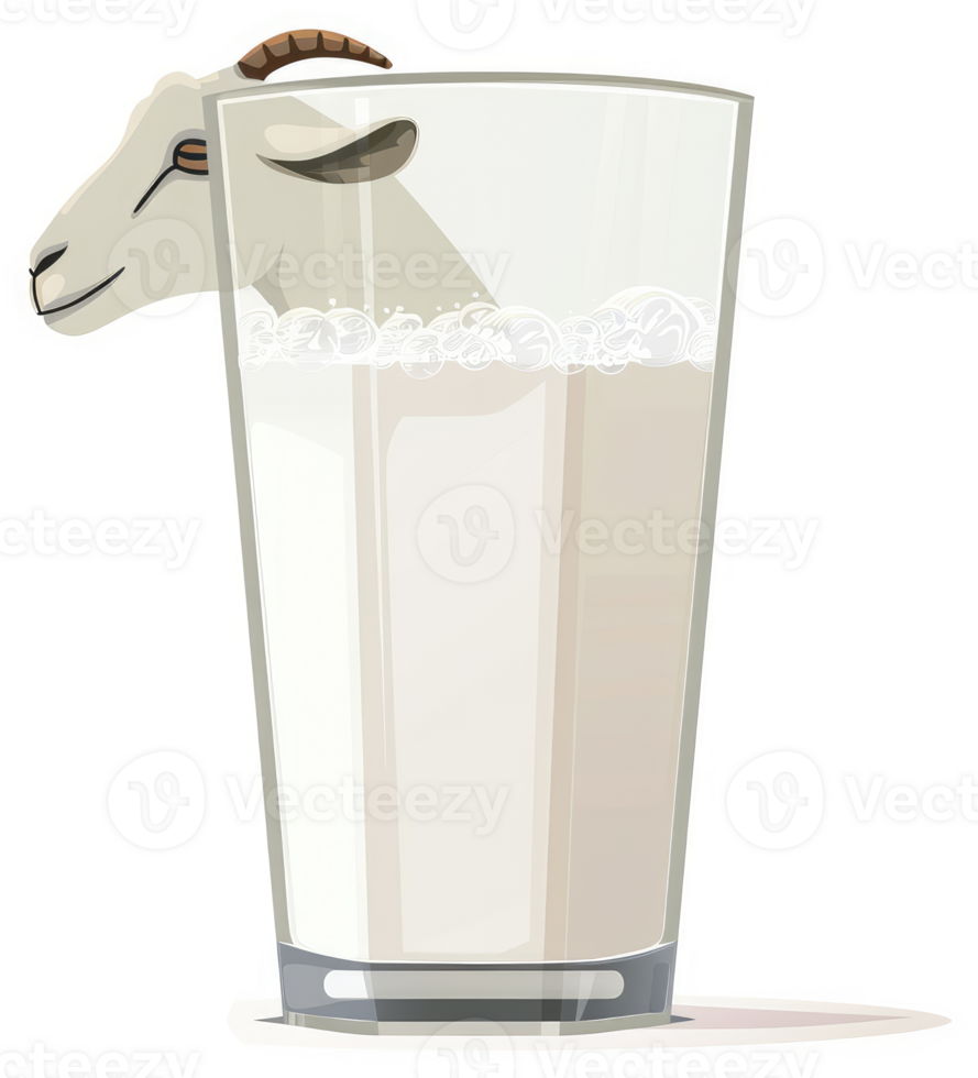 A goat's head peekin' into a glass of milk. png