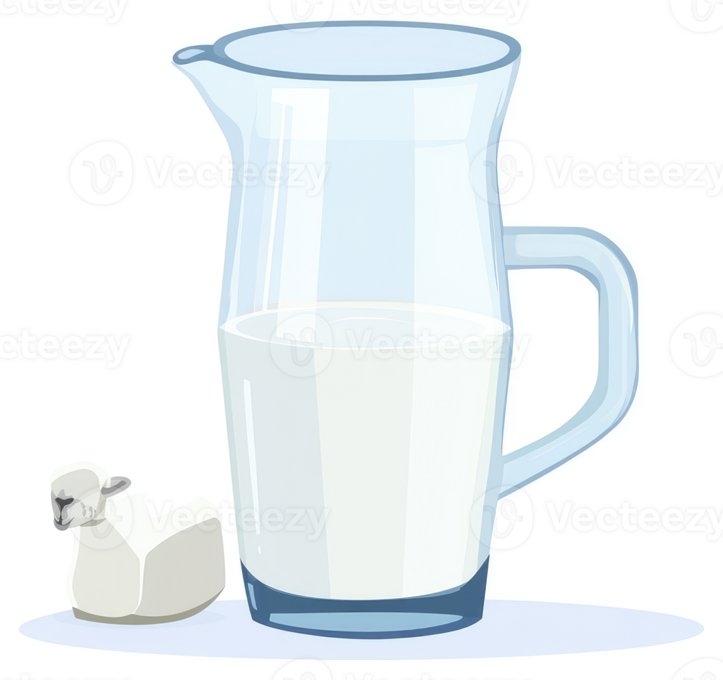 A glass pitcher filled with fresh milk next to a small figurine of a sheep. png
