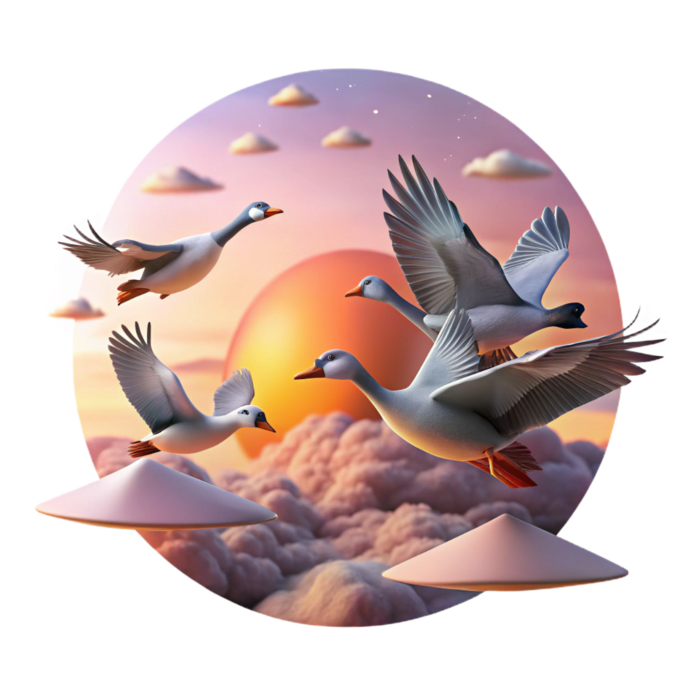 vibrant traditional Flying Geese Migration Formation Isolated Sunset Clouds Transparent Background genuine png