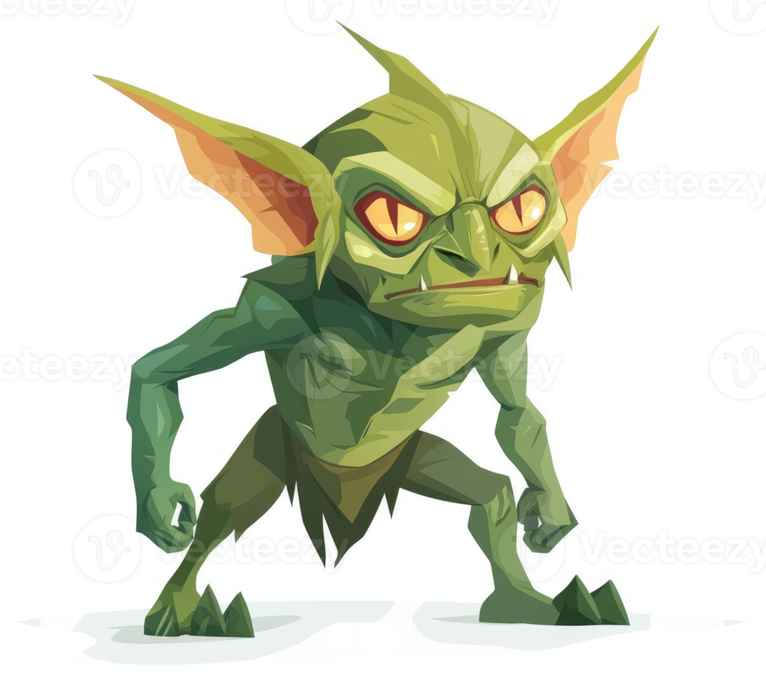 A fierce, green goblin creature with large ears and intense eyes. png