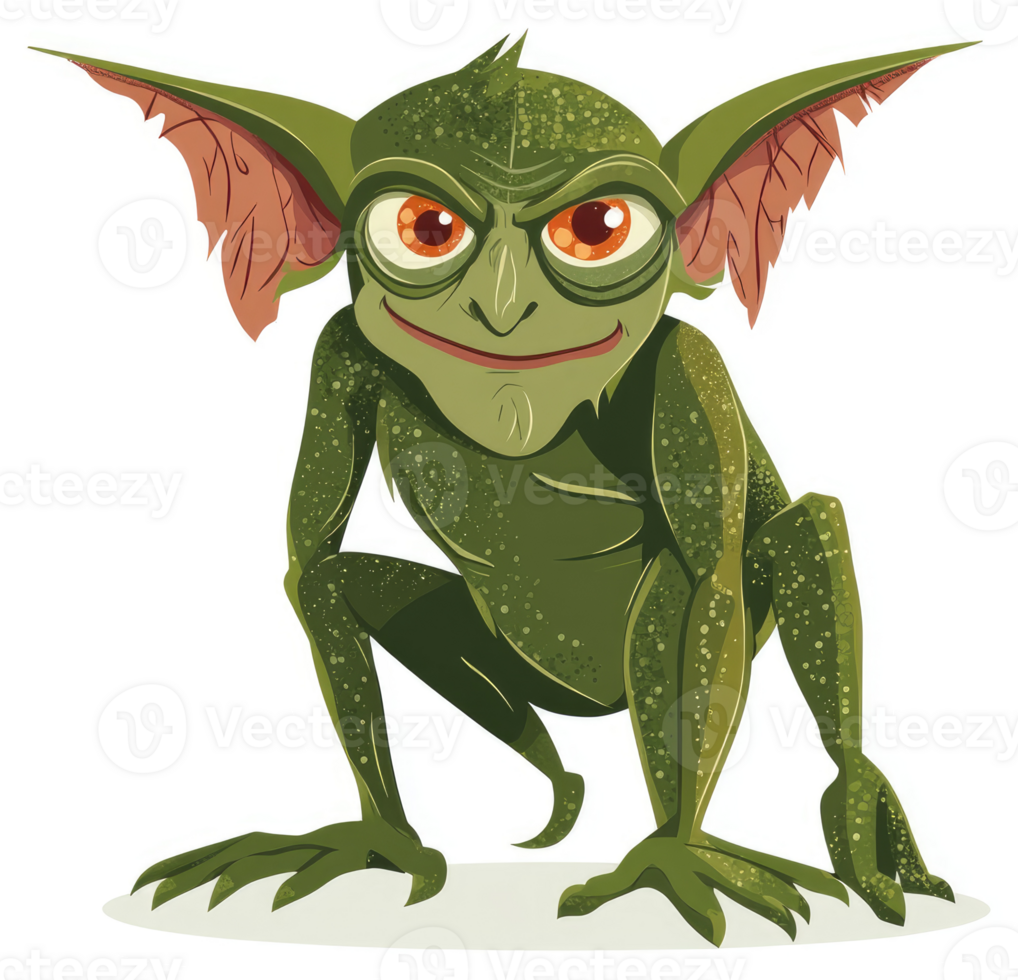 A mischievous, green, cartoonish creature with large ears. png