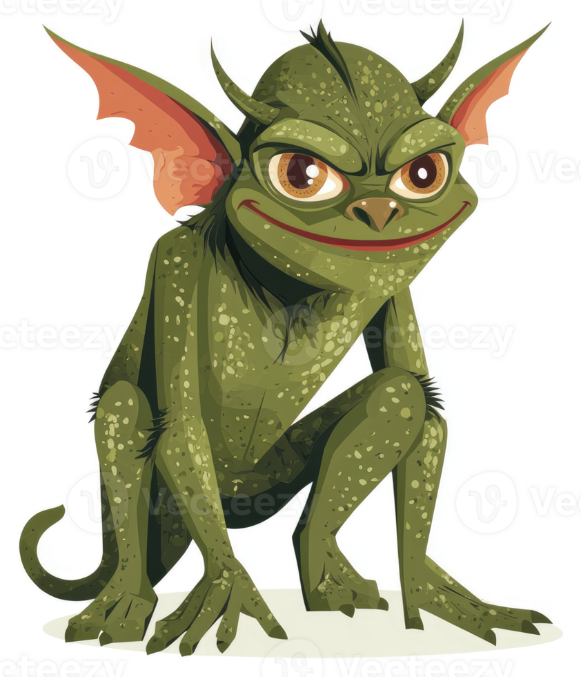 A mischievous, green, mythical creature with pointed ears and horns. png
