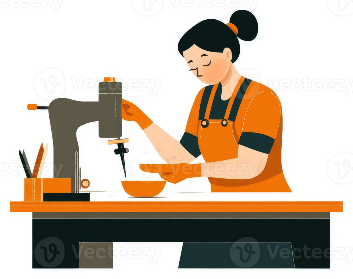 A woman in an orange apron operates a machine, likely in a craft or manufacturing setting. png