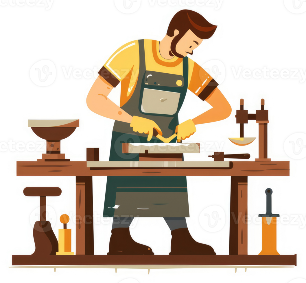 A skilled artisan meticulously works metal at a wooden workbench. png