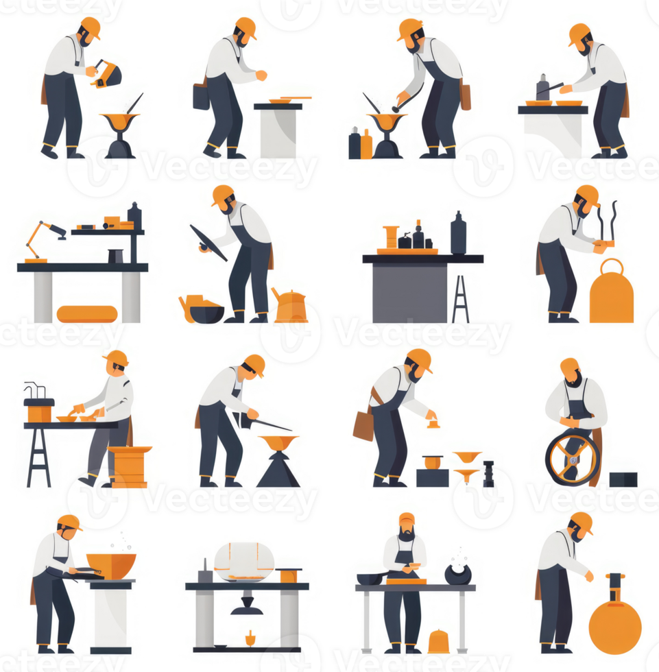 Skilled artisans crafting metalware in a workshop setting. png