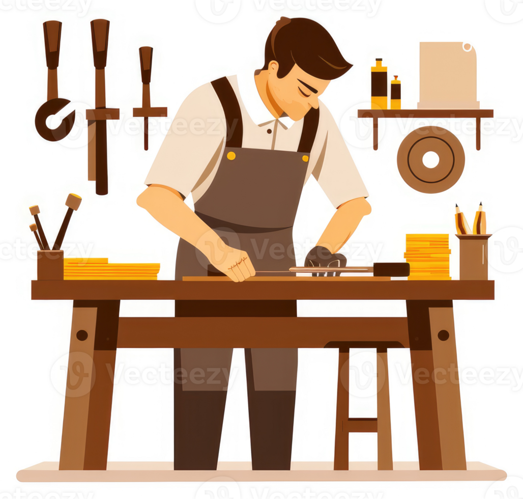 A carpenter meticulously works on a wooden piece at his workbench. png