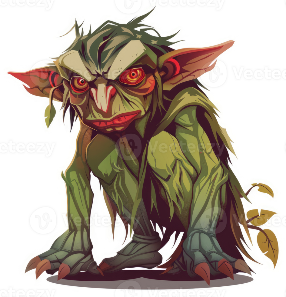 A malevolent, green, crouching goblin with sharp claws and red eyes. png