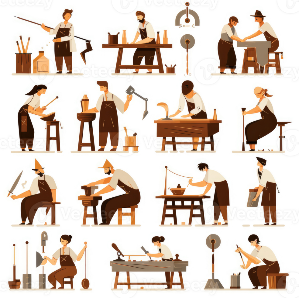 Diverse skilled artisans engaged in various crafts at their workbenches. png