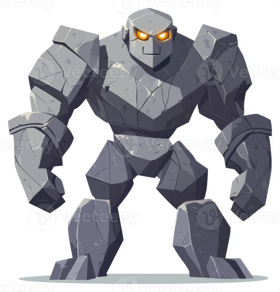 A powerful stone giant, composed of jagged rocks, stands tall. png