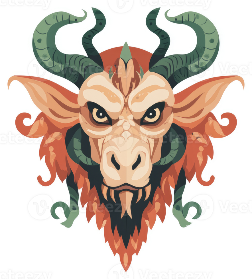 Illustration of a mythical creature's head with elaborate horns and ornate details. png