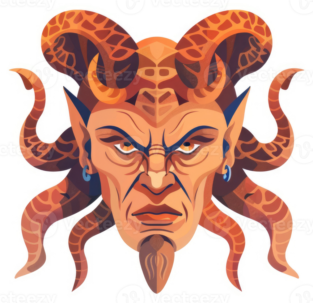 A fierce and formidable demon with intricate horns and serpentine tendrils. png