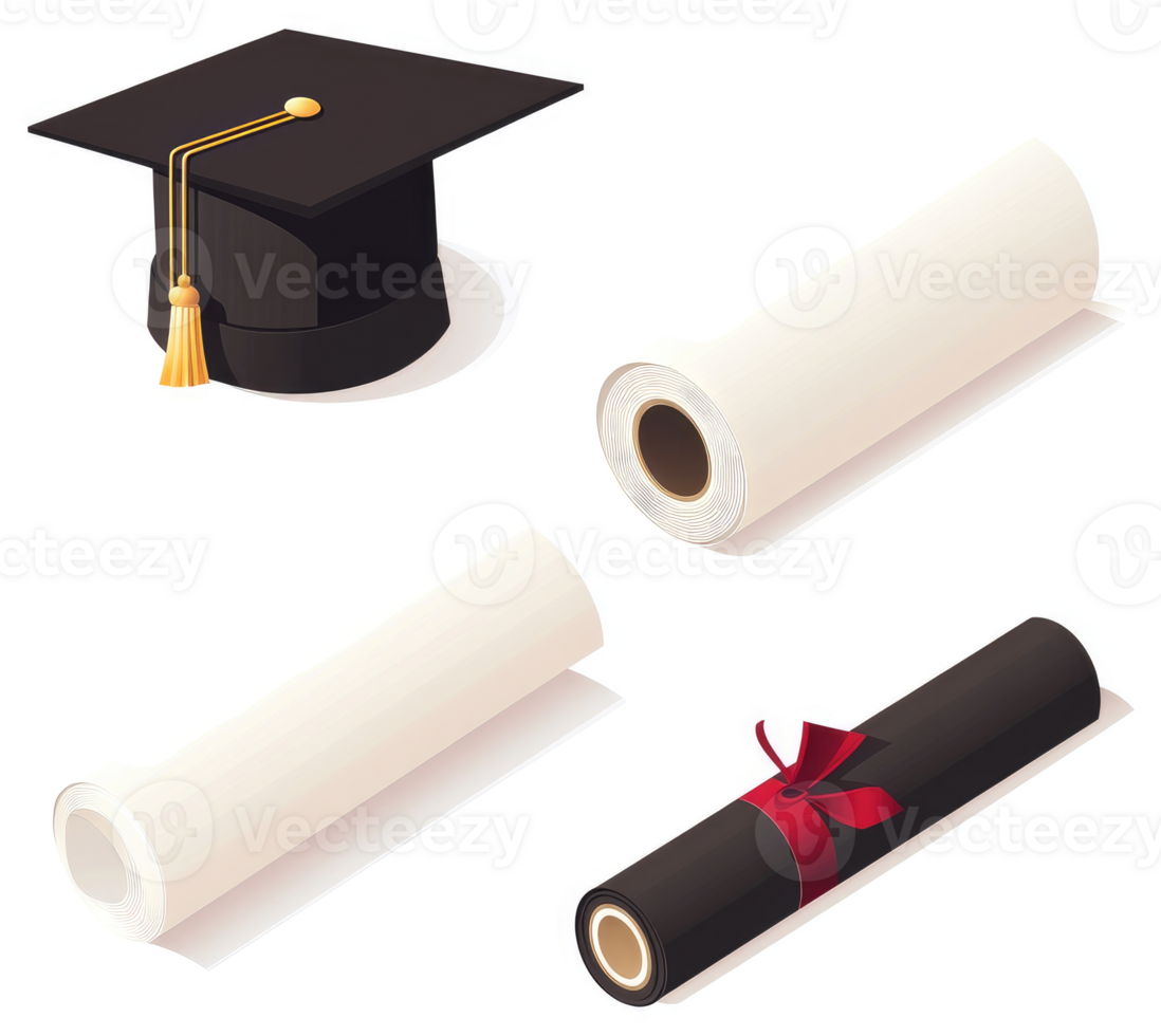 Graduation cap and diplomas, symbolic of academic achievement. png