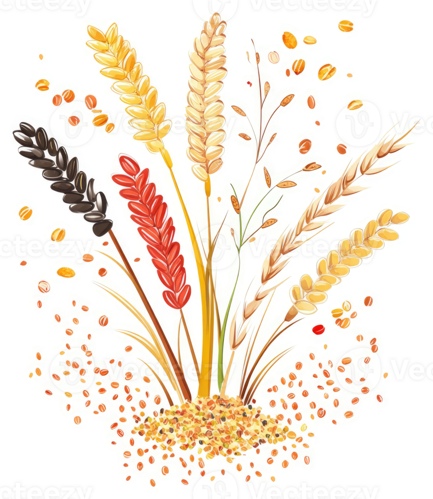 A colorful illustration of various grains and cereals. png