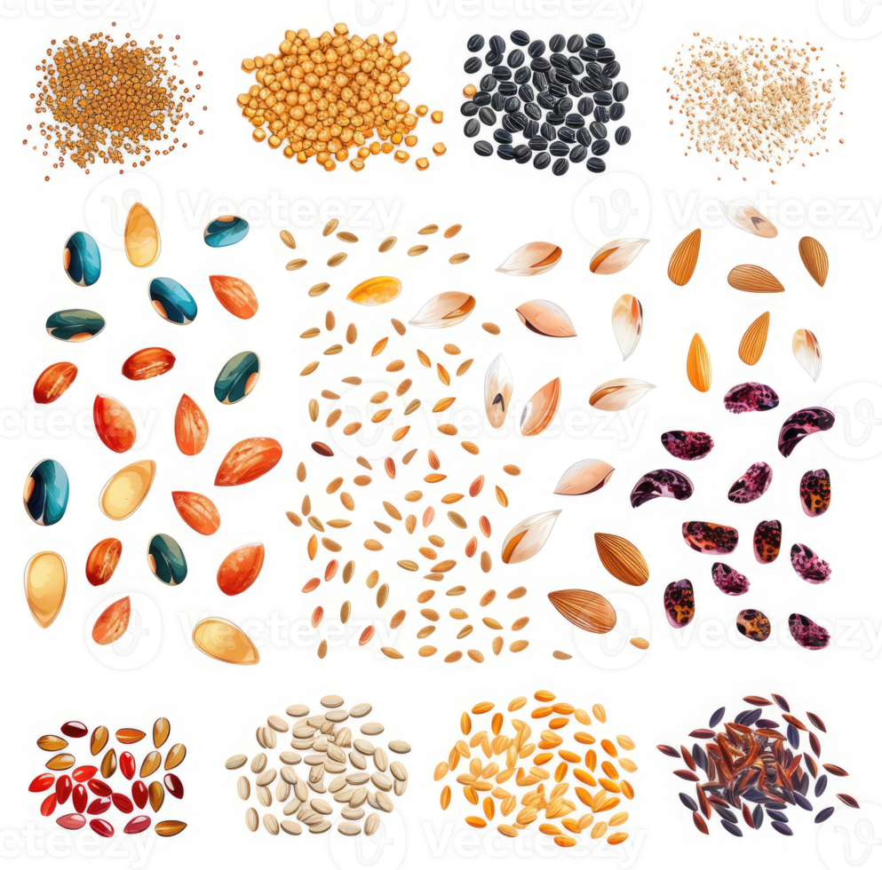 Diverse assortment of seeds and grains displayed in a grid pattern. png