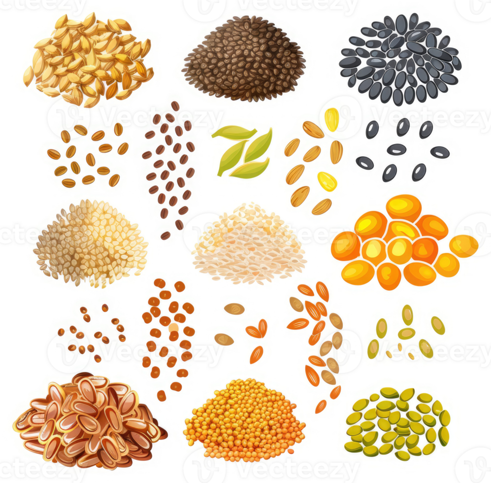 A variety of whole grains and seeds, displayed in different forms. png