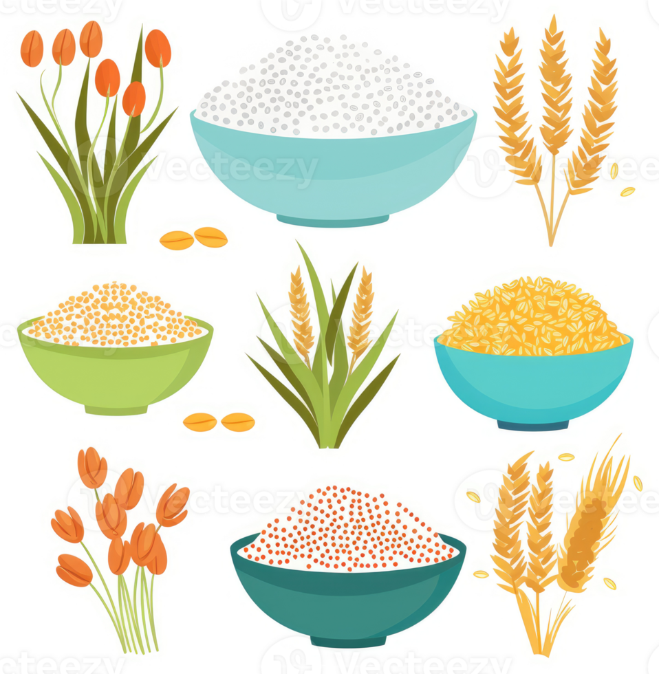 Various grains and cereals in bowls and plants. png