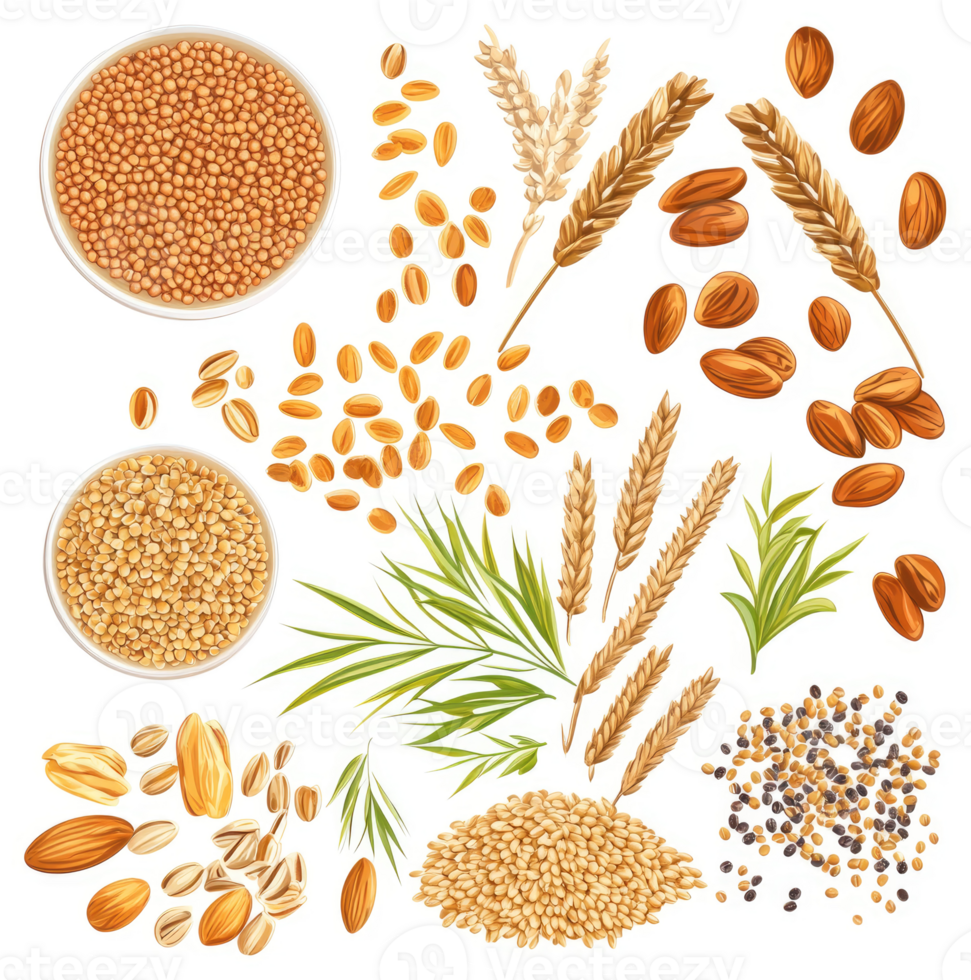 A collection of various grains, seeds, and nuts. png