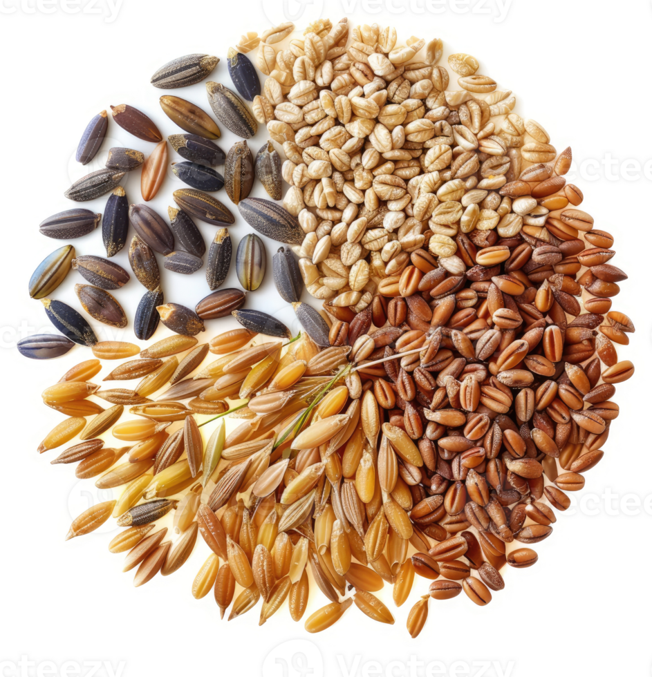 A circular arrangement of various grains, showcasing diverse types and colors. png