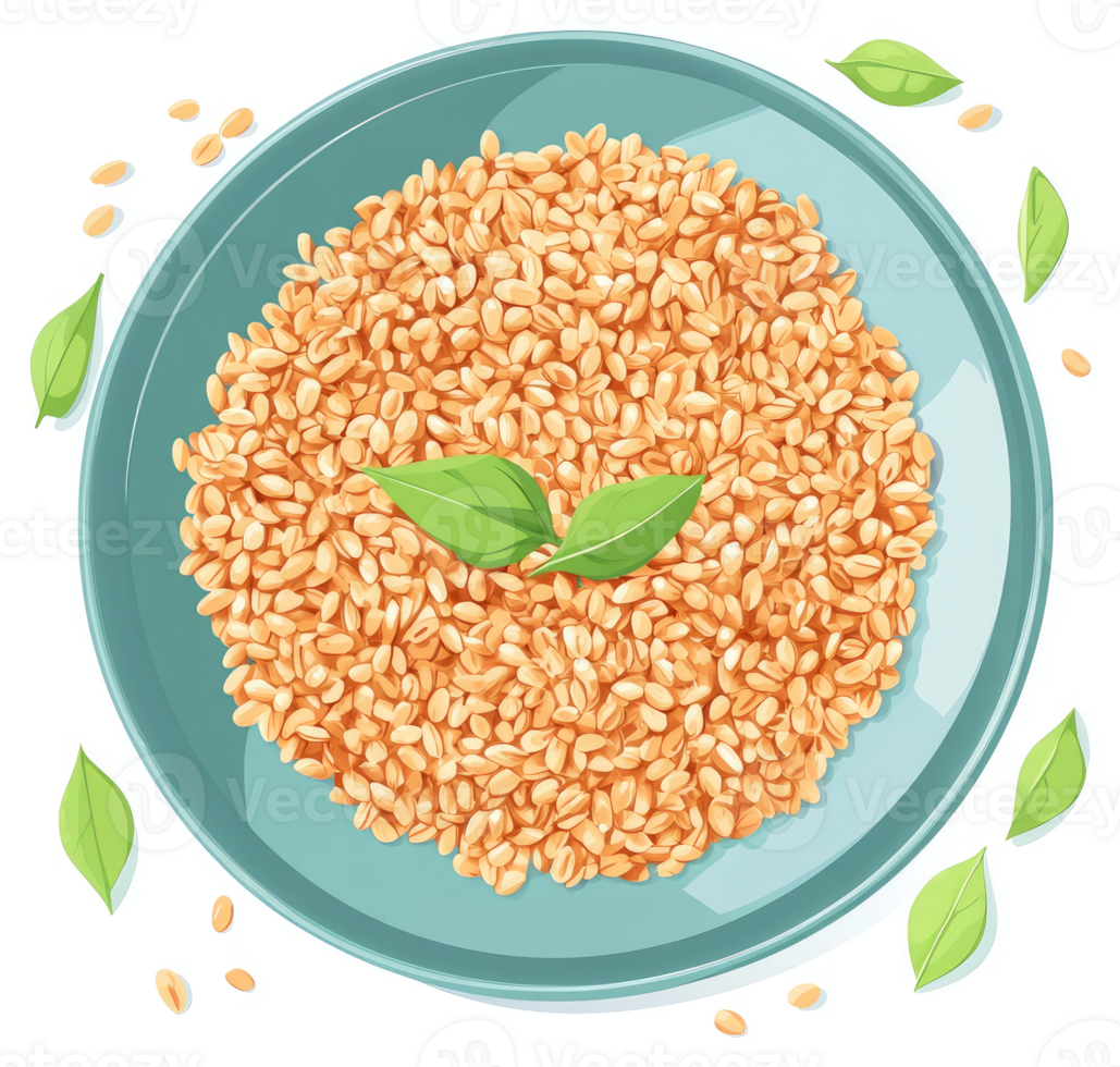 A plate of whole grains, topped with fresh basil leaves. png