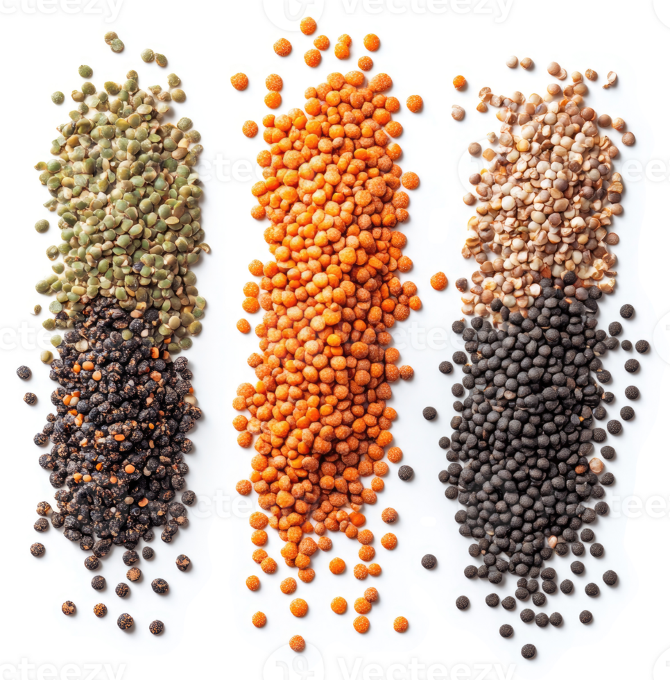 Assorted lentils and legumes displayed on a white background. png