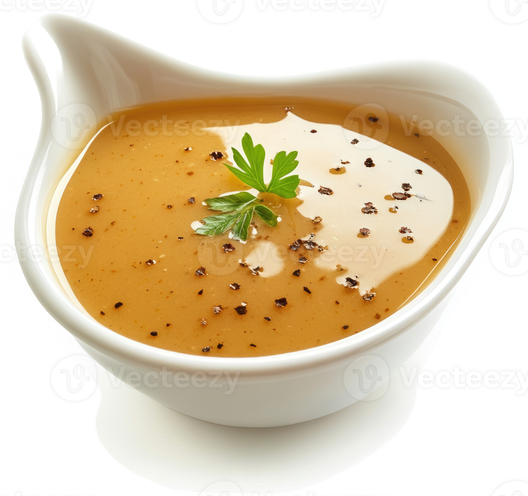 Creamy, spiced soup in a white bowl, garnished with parsley. png