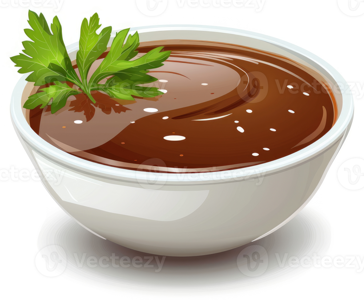 A close-up view of a bowl filled with a rich, brown sauce. png