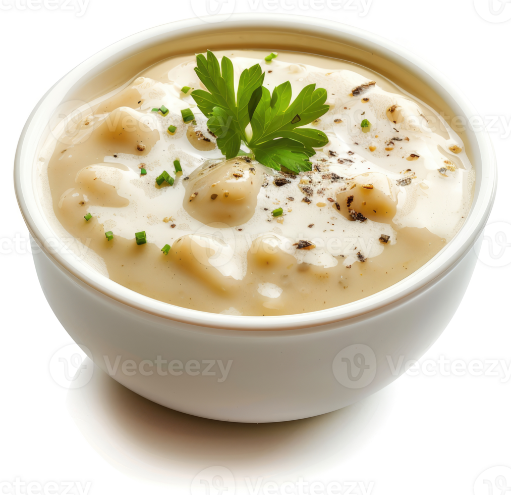 Creamy potato soup in a white bowl garnished with fresh herbs. png