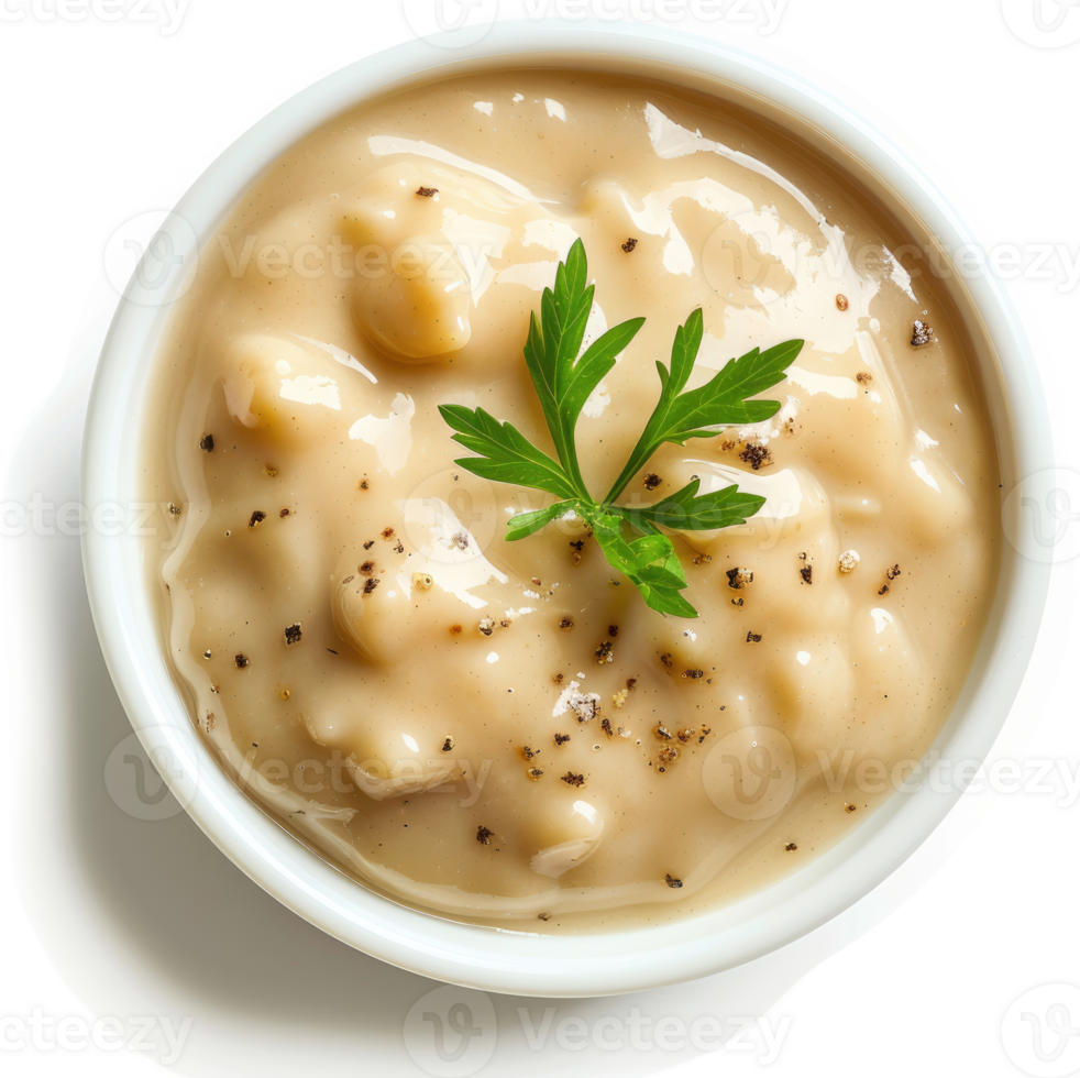 Creamy white bean soup in a small bowl. png